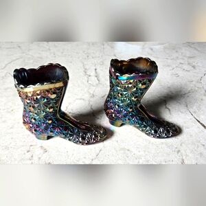 Fenton Black Amethyst Iridescent Glass Boots - A Pair